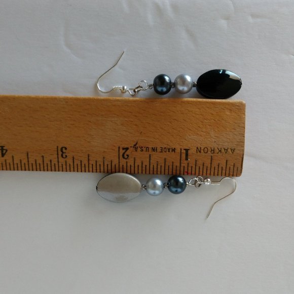 Handmade Black Beige Oblong Earrings with Grey Faux Pearls & Silver Tone Hooks - Picture 7 of 16